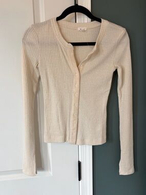 aerie Soft Ribbed Shimmery Cardigan - Light Cream